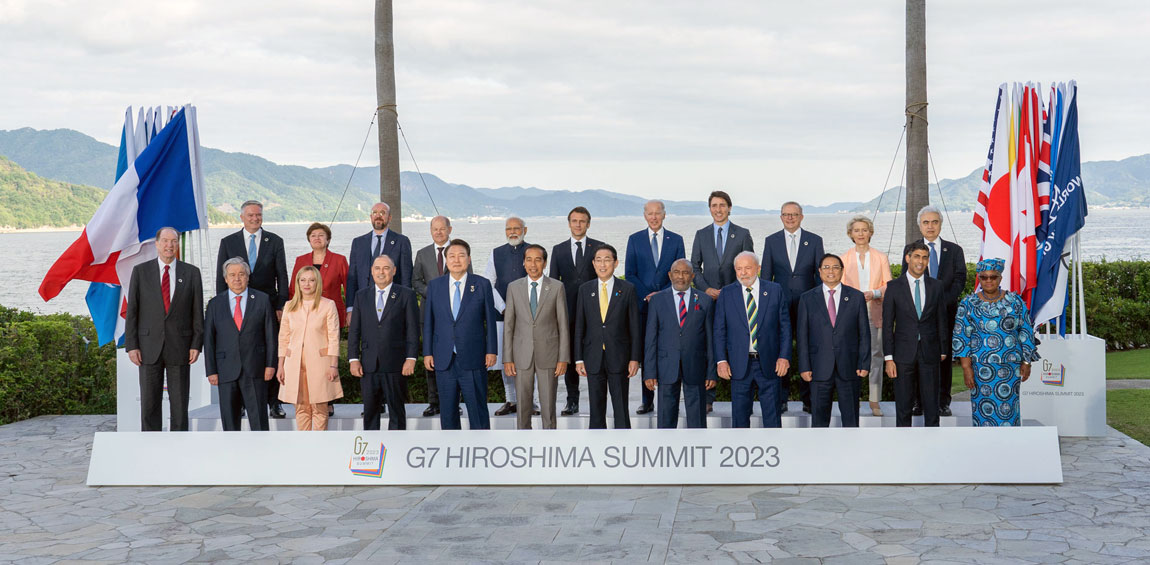 Secretary-General António Guterres (front row, second left) with world leaders in Japan at the G7 Hiroshima Summit 2023. UN Photo/Ichiro Mae 