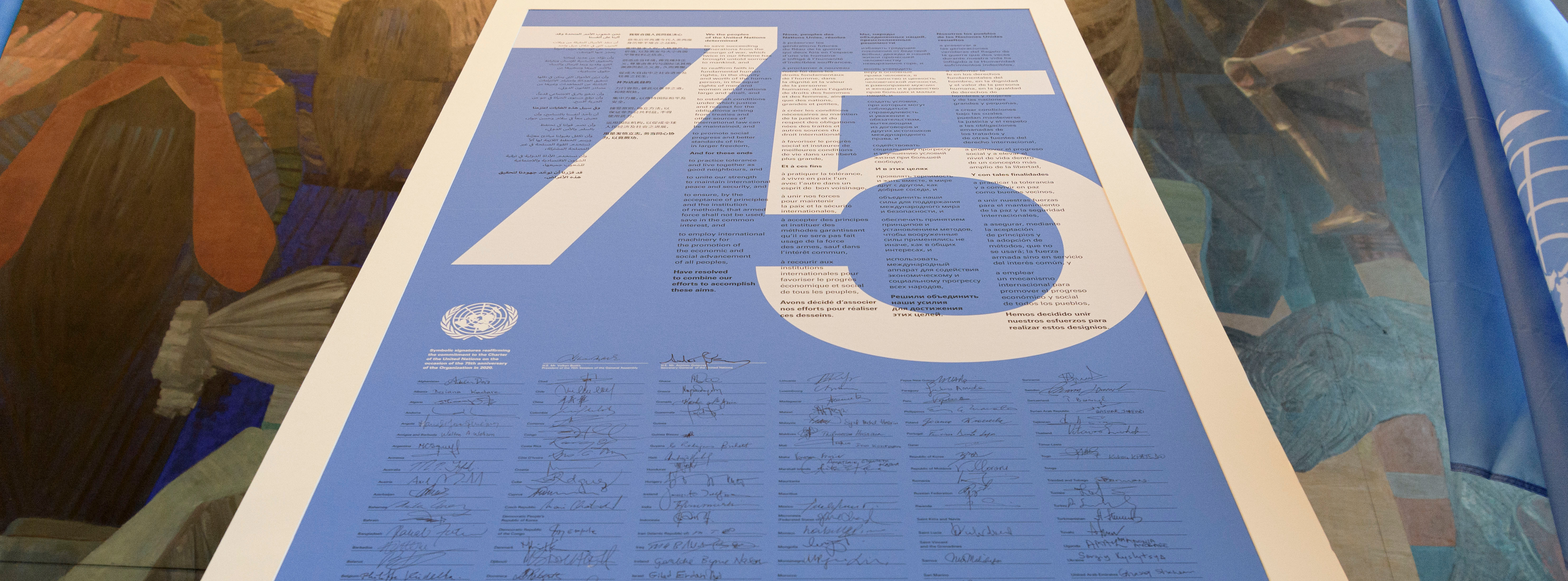 Poster with the numbers 75 and many signatures. 