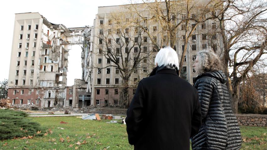 Denise Brown and Martin Griffiths inspect the destruction of buildings.