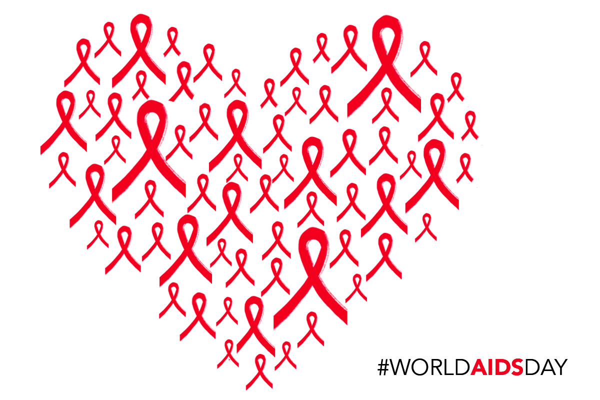 #WorldAIDSDay poster of many AIDS ribbons in the shape of a heart 