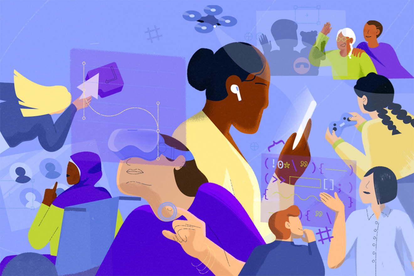 Illustration of several women using and working with different kinds of digital devices and systems, such as big touch screens, videogames, videocall software, drones and virtual-reality goggles