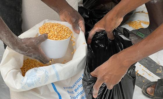 Grain is provided to people in Port Sudan who have fled conflict in Khartoum.