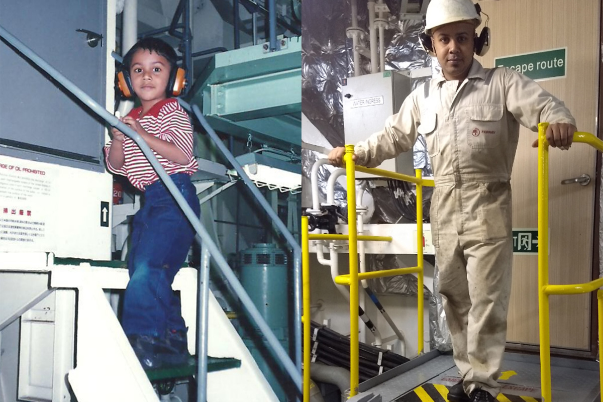 Collage of photos of Jishnu Saji as a boy and today.