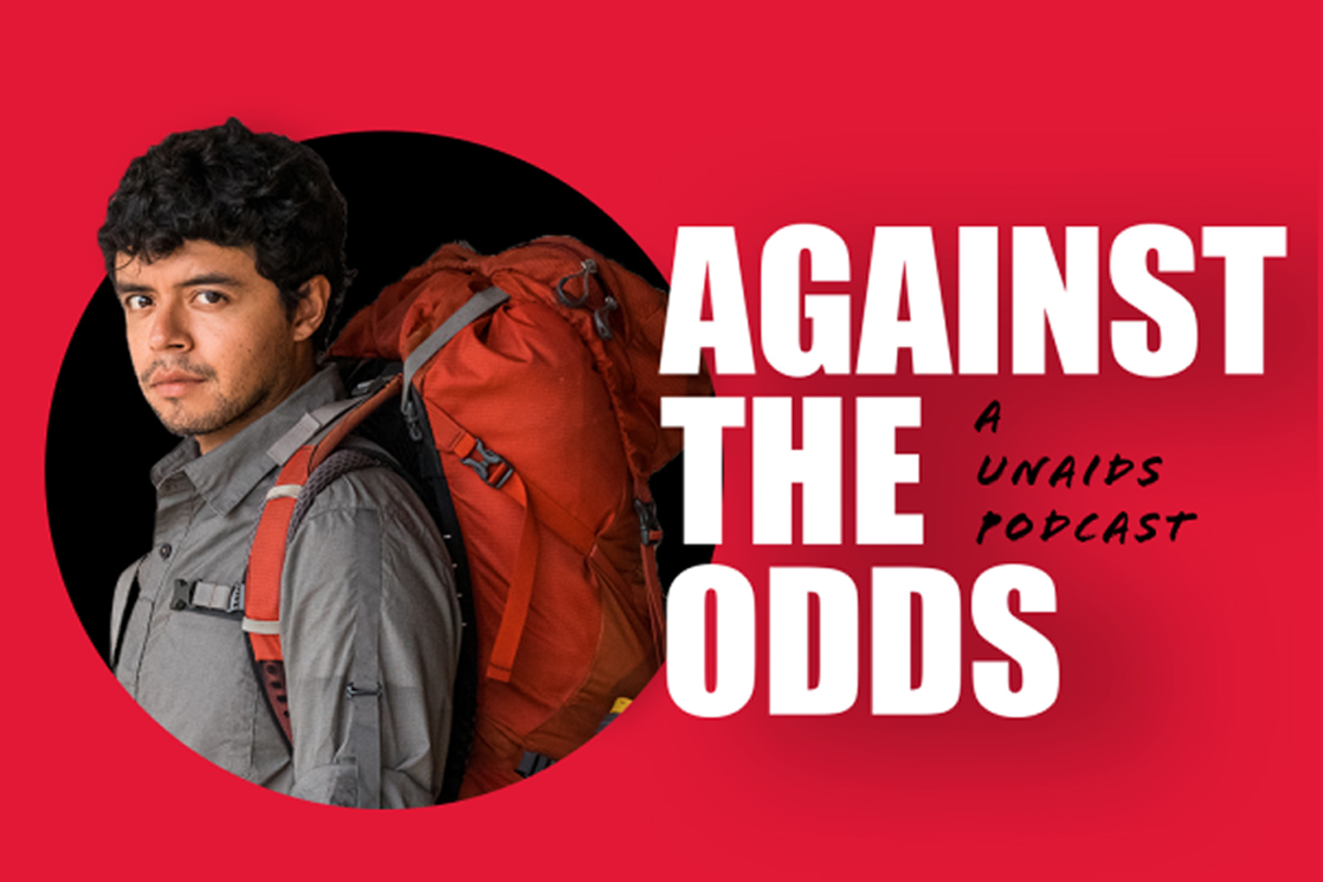 Portrait of Jonatan Montoya with the Words “Against the Odds A UNAIDS podcast”