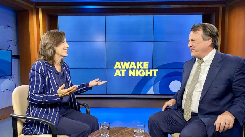 Melissa Fleming and David Gressly in the recording studio of Awake at Night