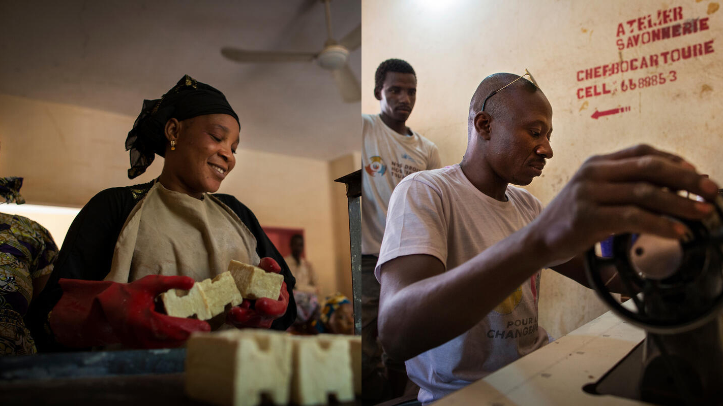 Two photographs combined, showing a woman at left and a man at right working to produce goods in Mali.