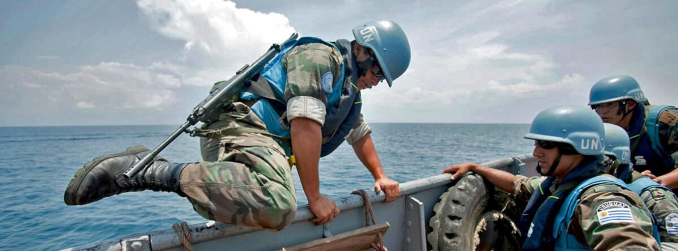 UN Peacekeepers practicing boarding ship on lake in Democratic Republic of the Congo