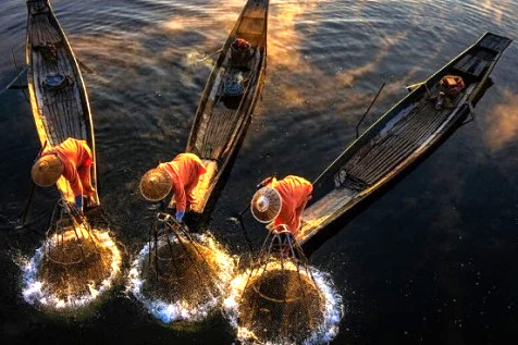 Three people on traditional fishing boats collecting the catch from cages in the water.