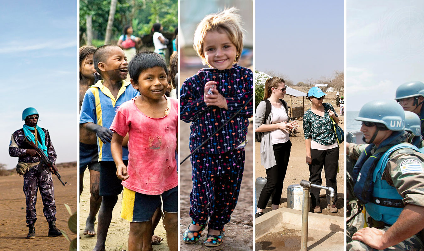 A collage of images depicting various UN staff at work and also showing children.