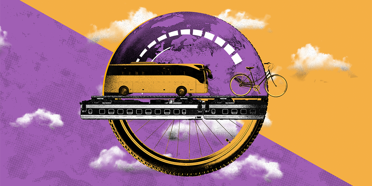 Photocomposition: a collage of means of transportation: a bus besides of a bicycle, both on top of a train